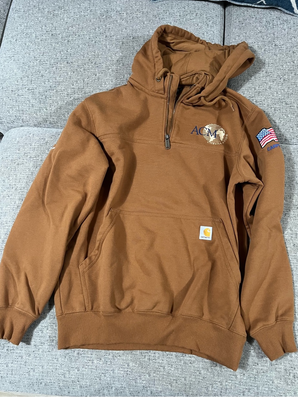 Carhartt Men’s Caramel Brown Half-Zip Hooded Work Sweatshirt with Patches
